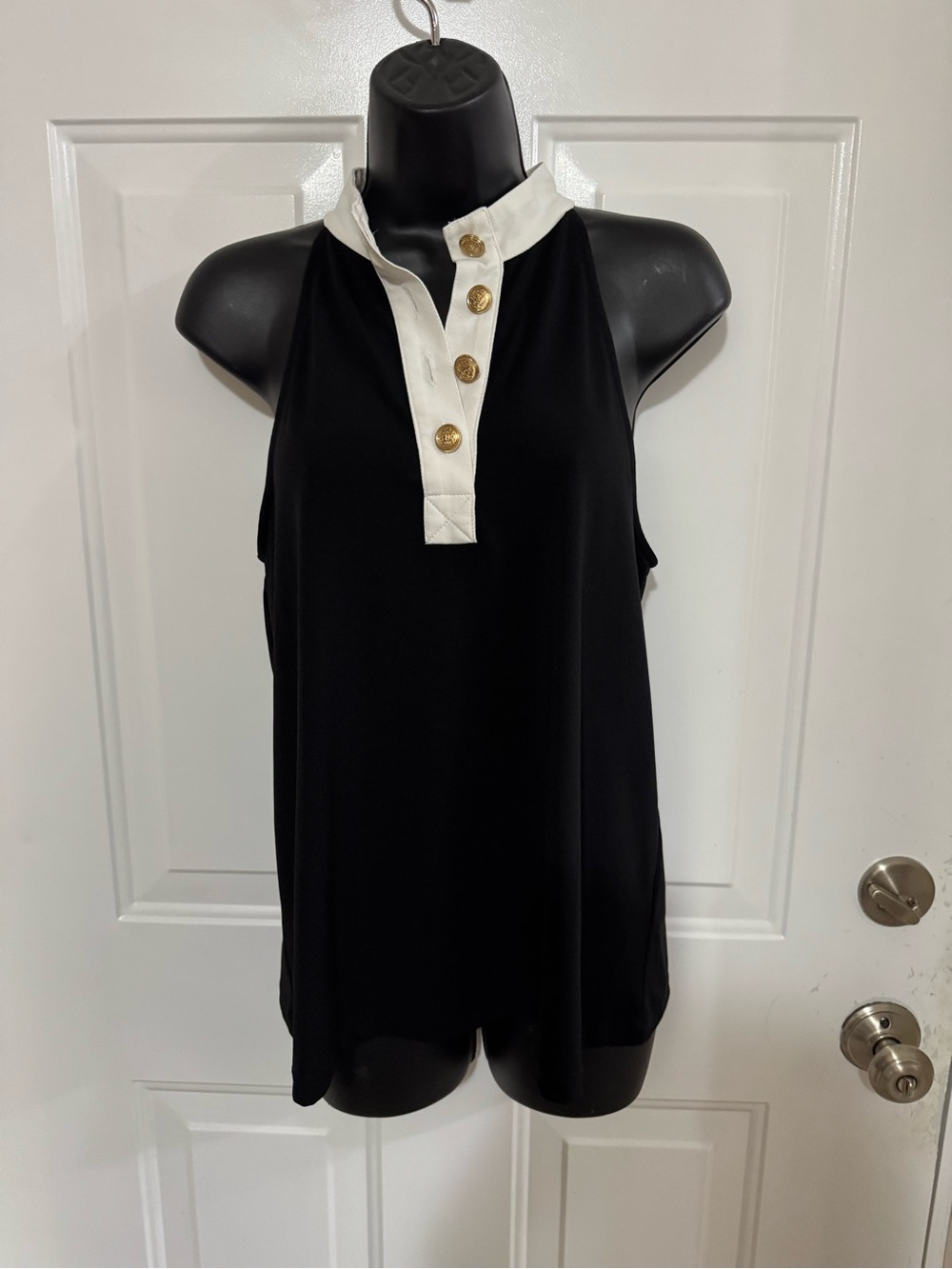Sleeveless Black Tank Top with White Button Placket
